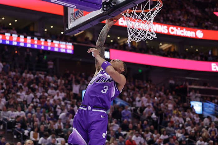 Nov 14, 2023; Salt Lake City, Utah, USA; Utah Jazz guard Keyonte George (3) lays the ball up to the basket against the Portland Trail Blazers during the second half at Delta Center.